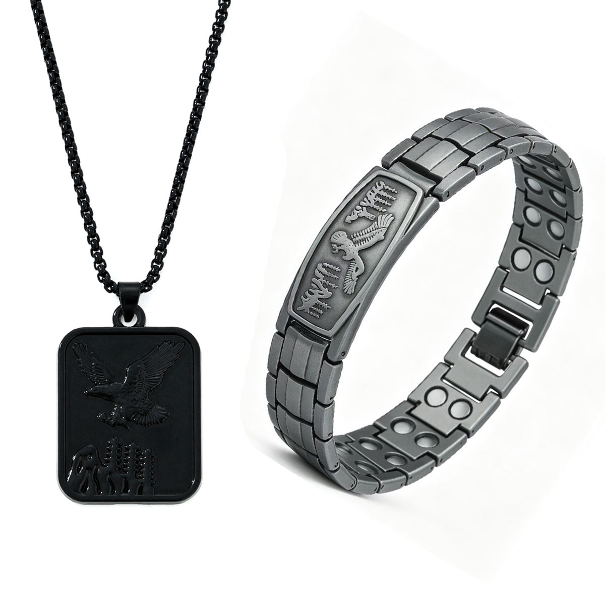 Men's Double Row Magnet Back Of Turtle Eagle Curved Fashion Punk Jewelry Set