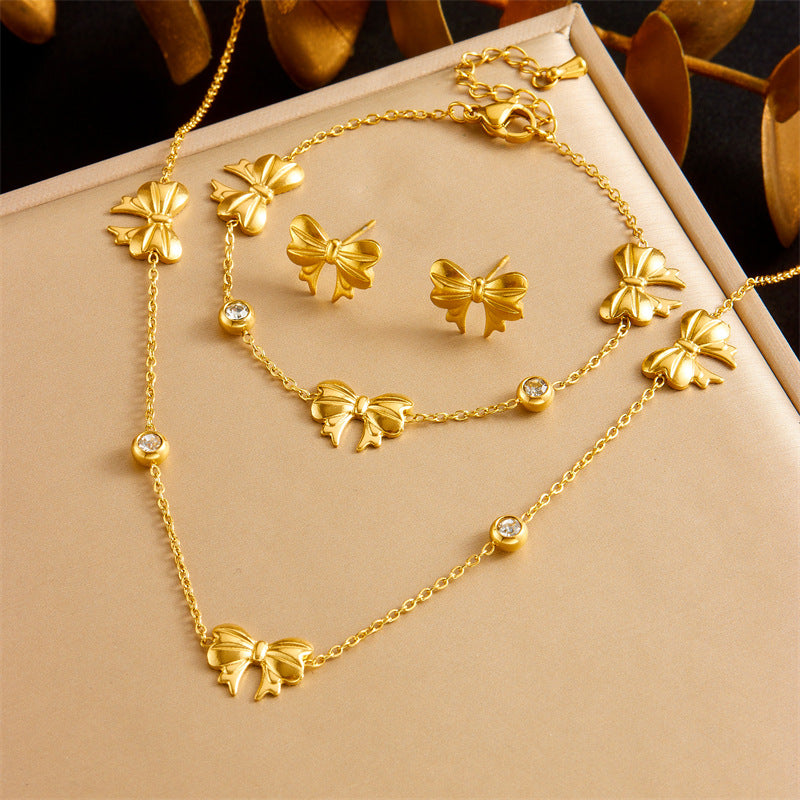 Exquisite Gold-plated Stainless Steel Love Pearl Flower Butterfly Jewelry Set