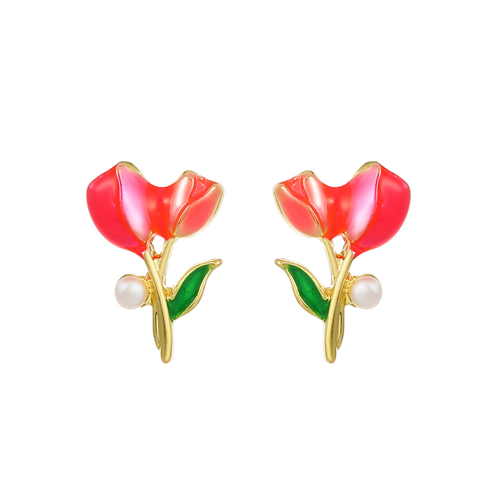 Style Fresh Pearl Small Flower Ear Pink Stud Earrings