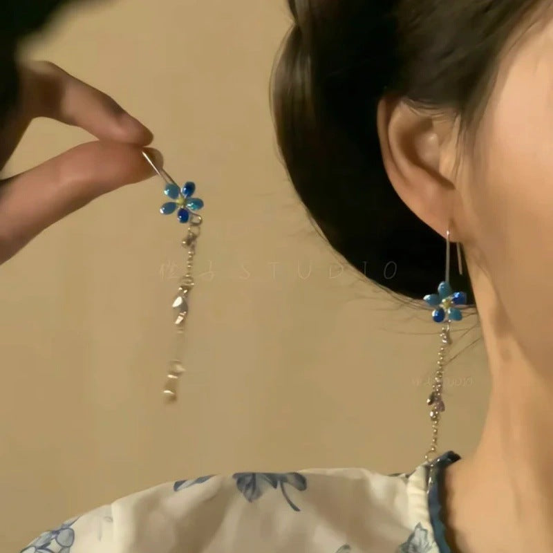 Women's Chinese Style National Burning Blue Beads Long Fringe Niche Retro Earrings