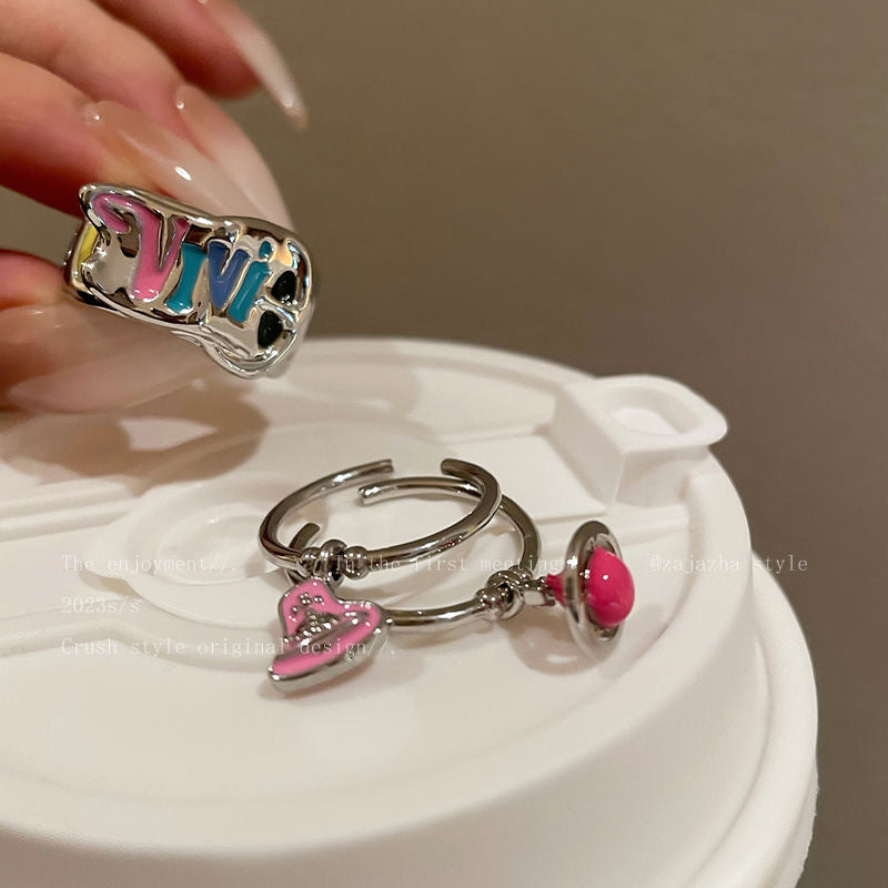 Women's Colorful Letters Love Heart-shaped Queen Mother Rings