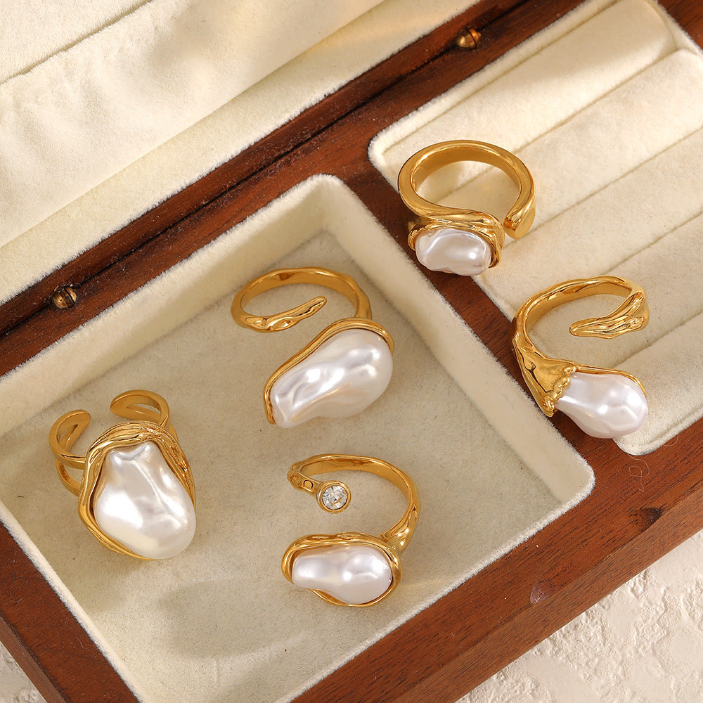 Steel Open Personality Adjustable Imitation Pearl Ring