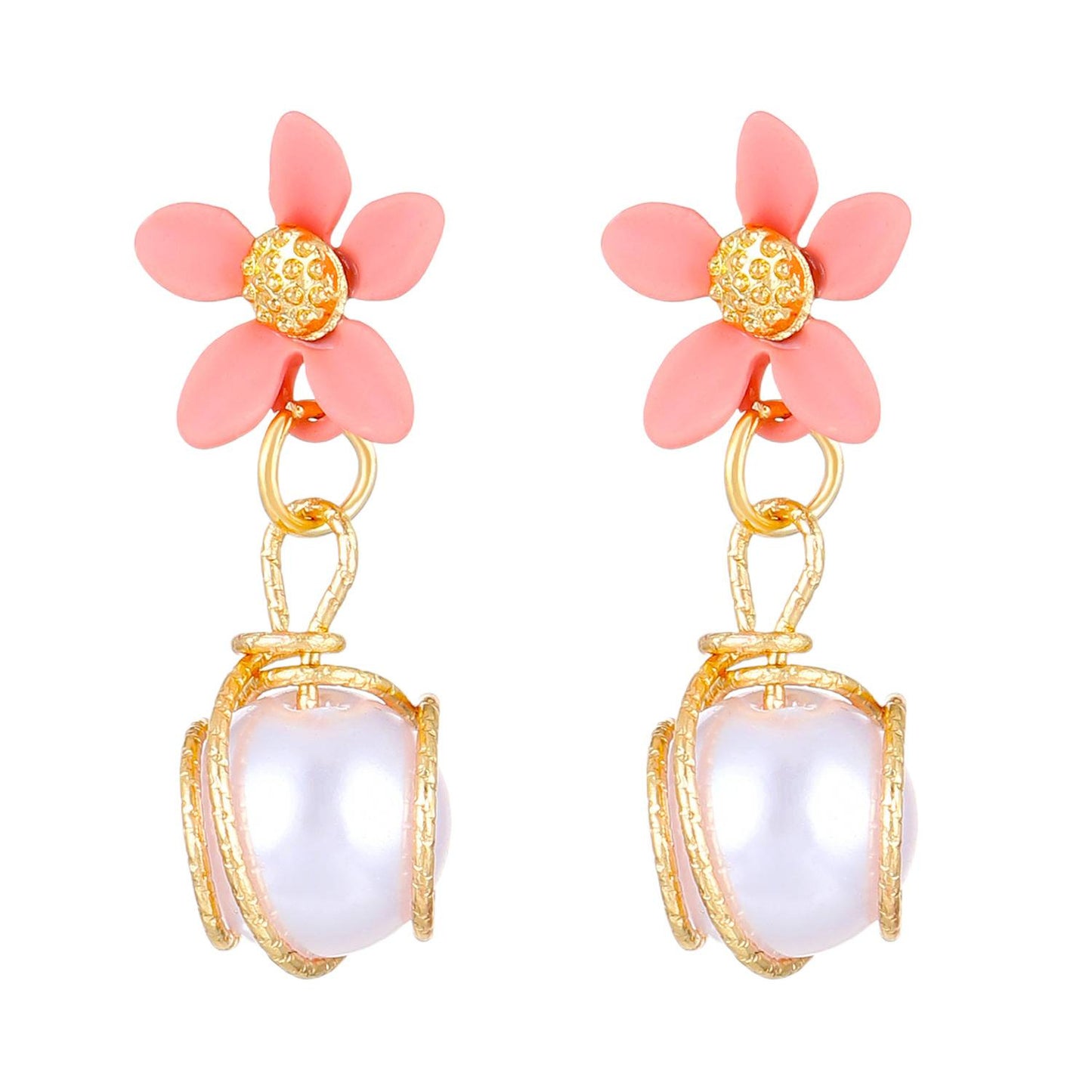 Style Fresh Pearl Small Flower Ear Pink Stud Earrings