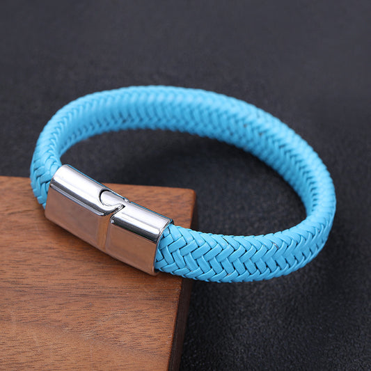 Men's Vintage Weave Leather Rope Magnetic Buckle Bracelet