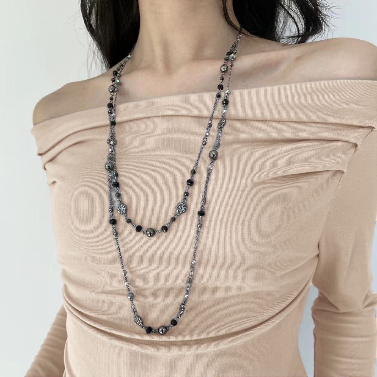 Vintage Beaded Long Twin Niche Clavicle Necklaces