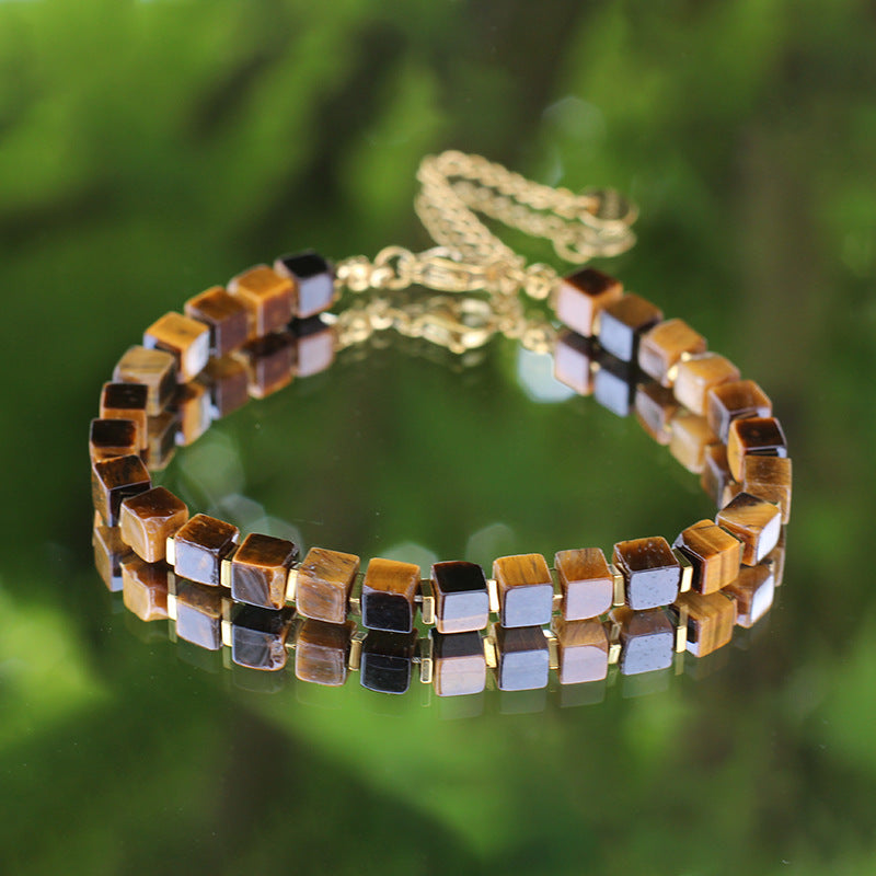 Stainless Steel Lobster Clasp Square Tiger Eye Bracelet