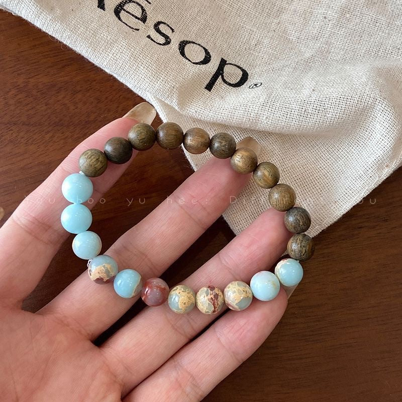 Women's & Men's Stone Green Sandalwood Stitching Chinese Zen Wooden Retro Ethnic Bracelet