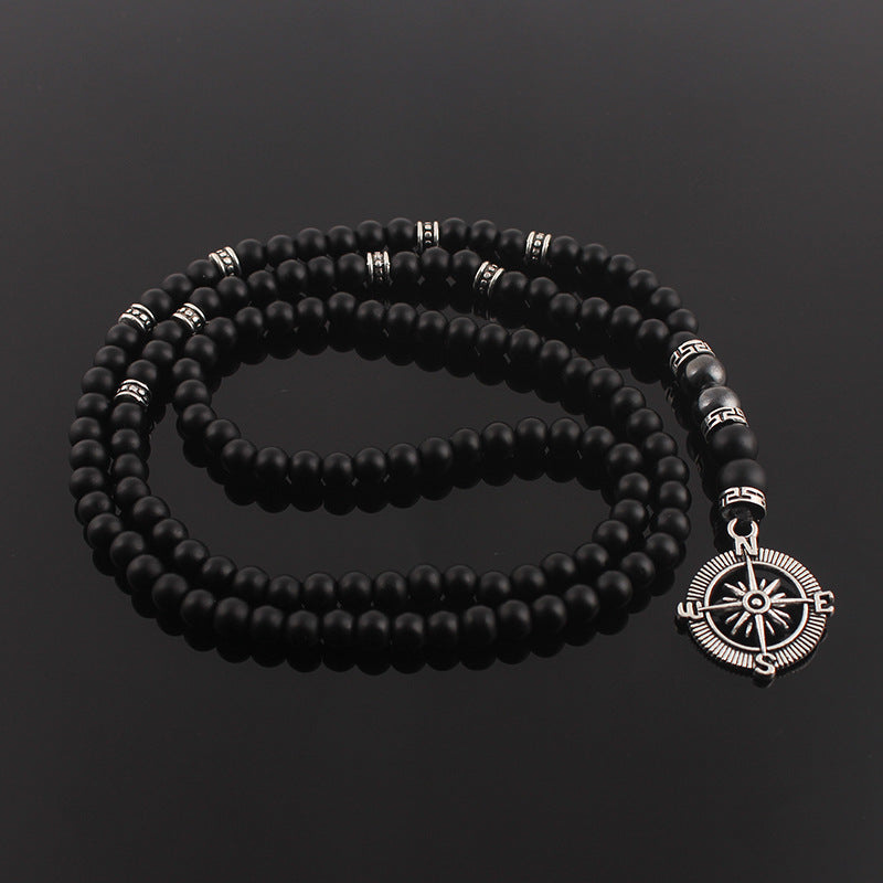 Imitation Matte Black Agate Alloy Compass Necklace
