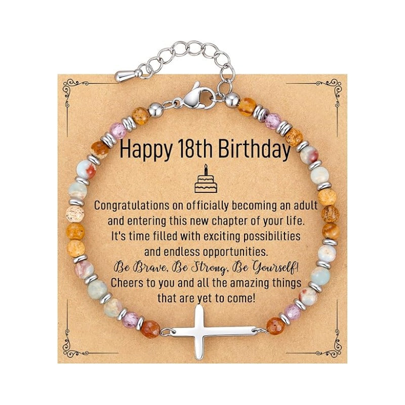 Women's Natural Stone Beaded Cross Lobster Buckle Adjustable Band Bracelet