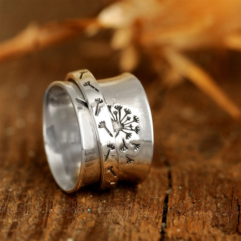 Retro Creative Carved Dandelion Can Be Rotatable Simple Trend Rings