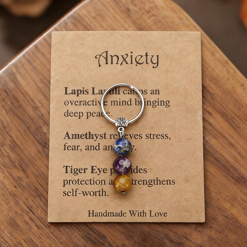 Stone Beaded Key Chain Handmade Tigereye Three Beads Combination Rings