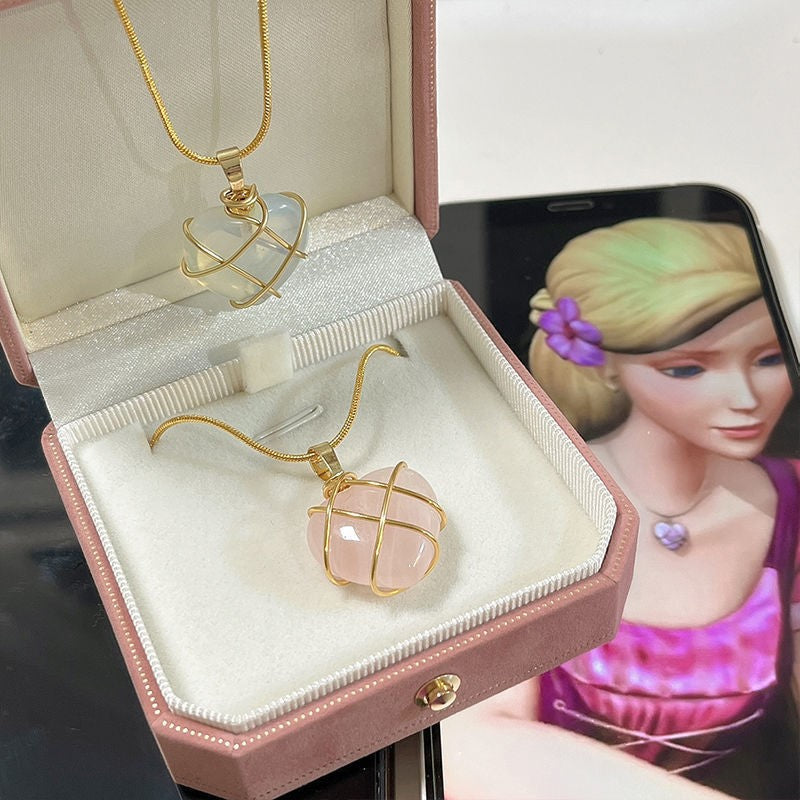 Barbie Love Diamond Castle Natural Crystal Opal Pink Heart Pendants