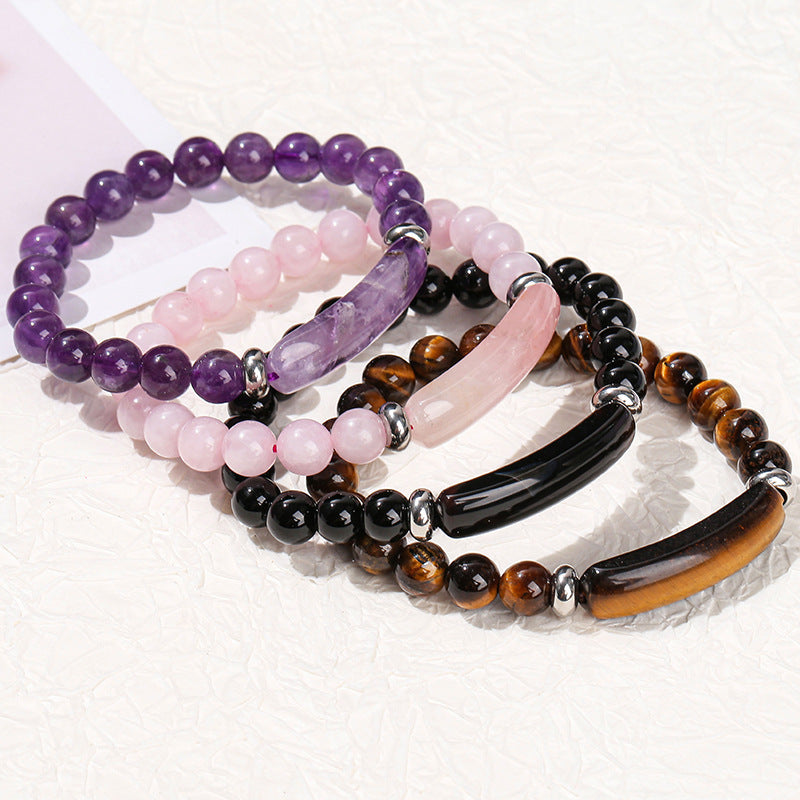 Pink Crystal Green Tiger Eye Rough Stone Simple Bracelet
