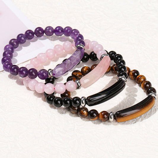 Pink Crystal Green Tiger Eye Rough Stone Simple Bracelet