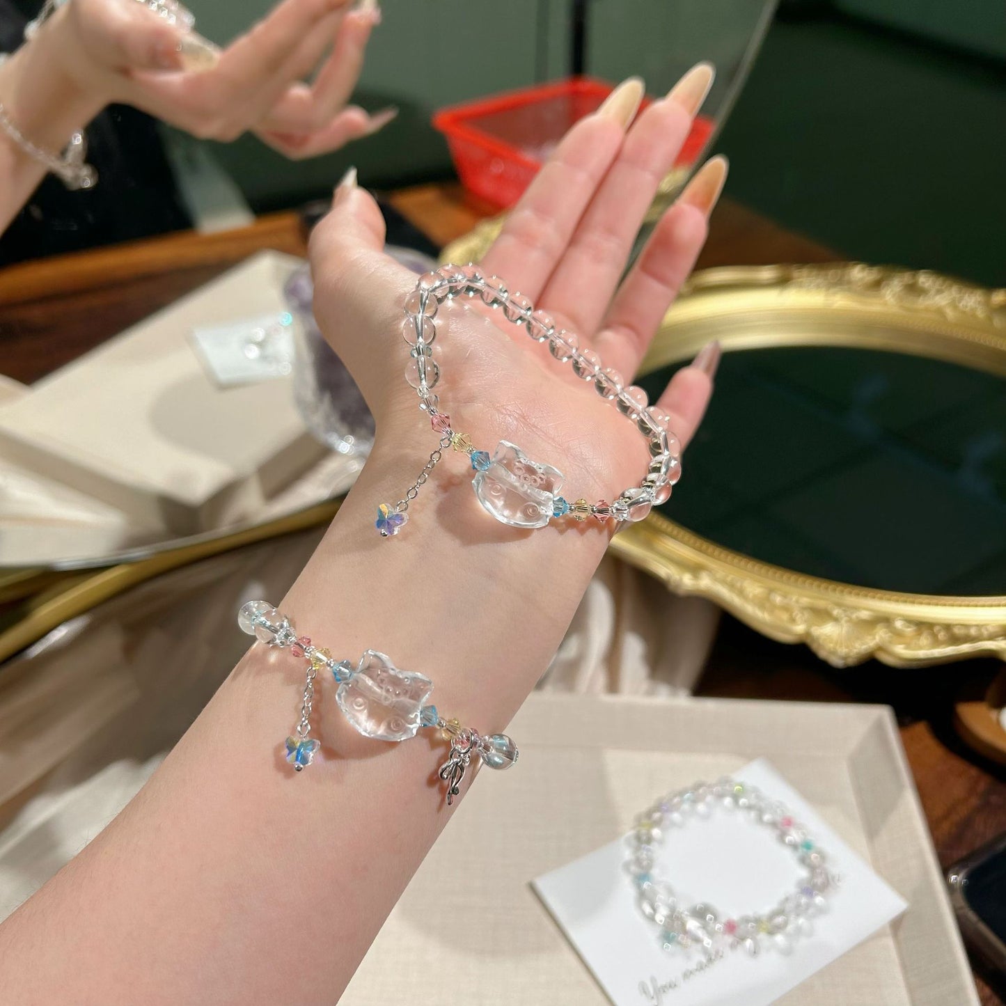 Women's White Crystal Matching Colored Gems Tassel Lucky Bracelets