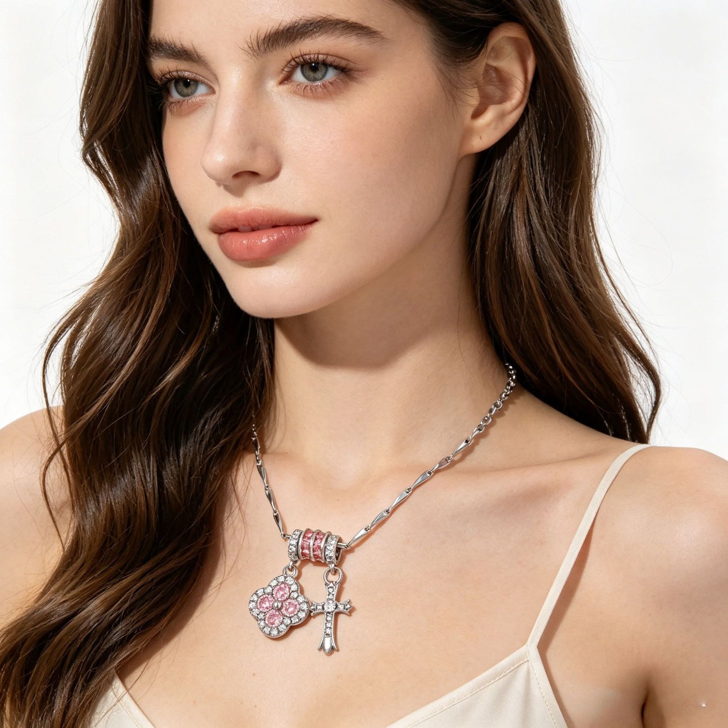 Pink Zirconium Small Waist Gold Clover Cross Pendants