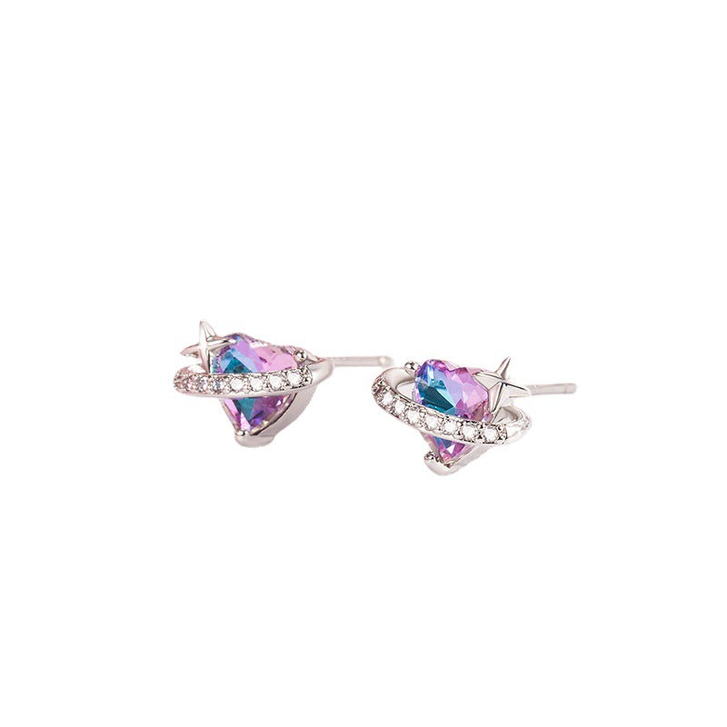 Style Saturn Colored Loving Heart Asymmetric Design Female Sweet Exquisite Stud Earrings