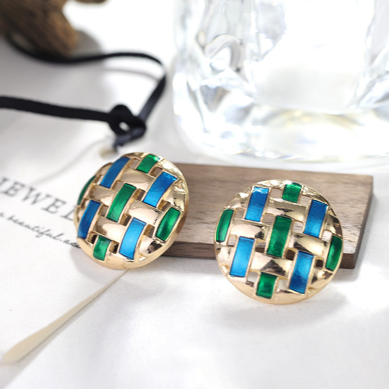 Sier Needle Retro Woven Hollow Out Stitching Contrast Color Round Rings
