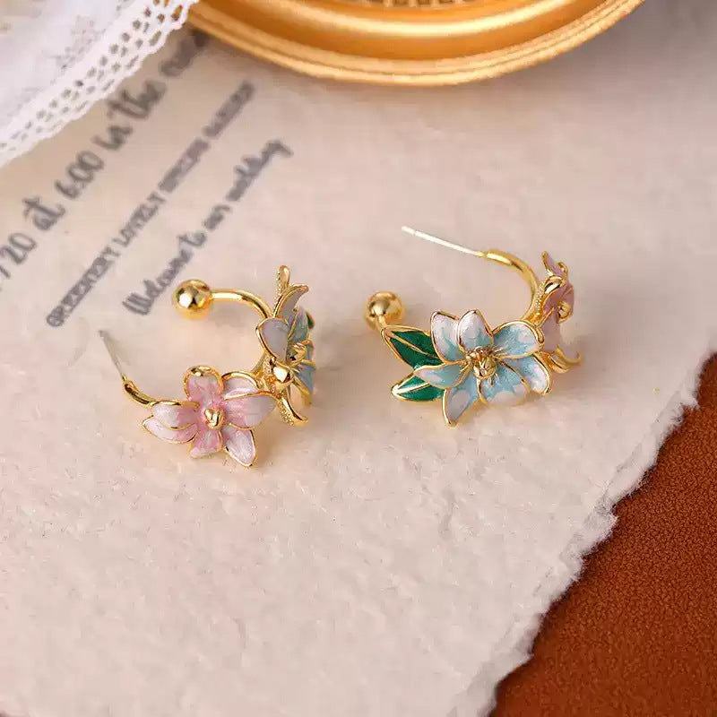Enamel Colored Drip Glaze Flower Shaped Sier Pin High-grade Earrings