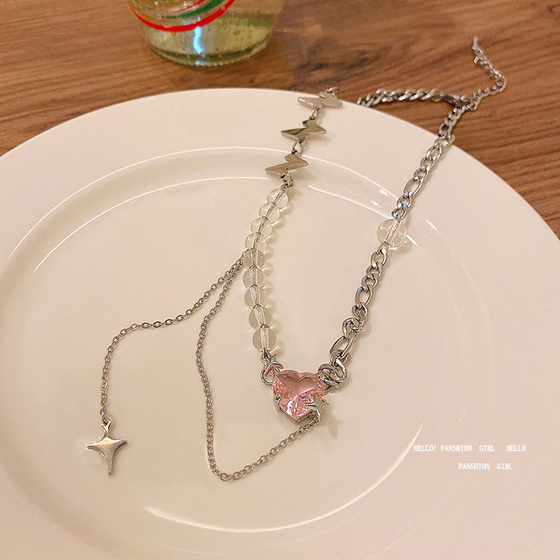 Women's Style Pink Heart For Trendy Patchwork Easy Matching Temperament Titanium Necklace
