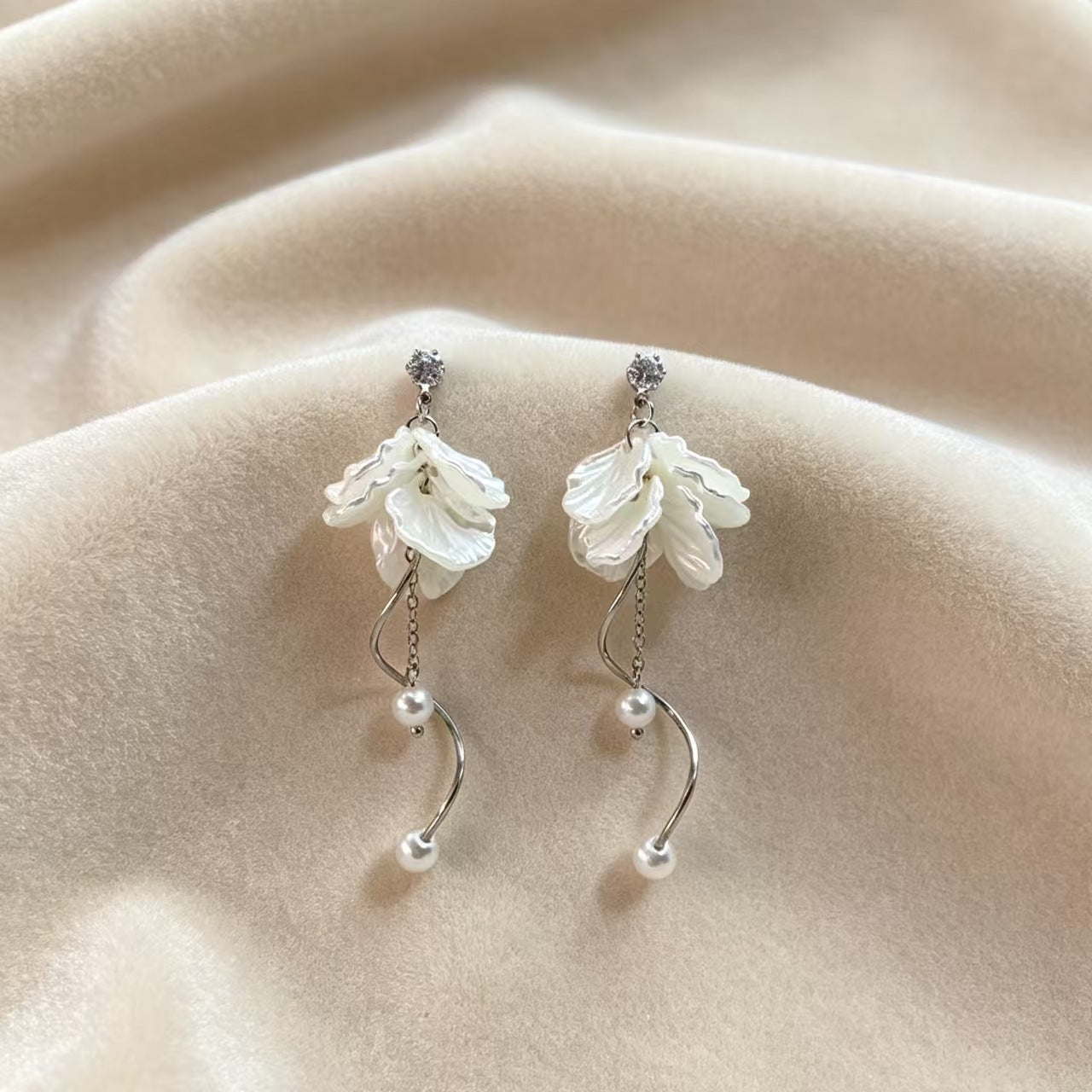 Petal Pearl Tassel Eardrops Sier Ear Earrings