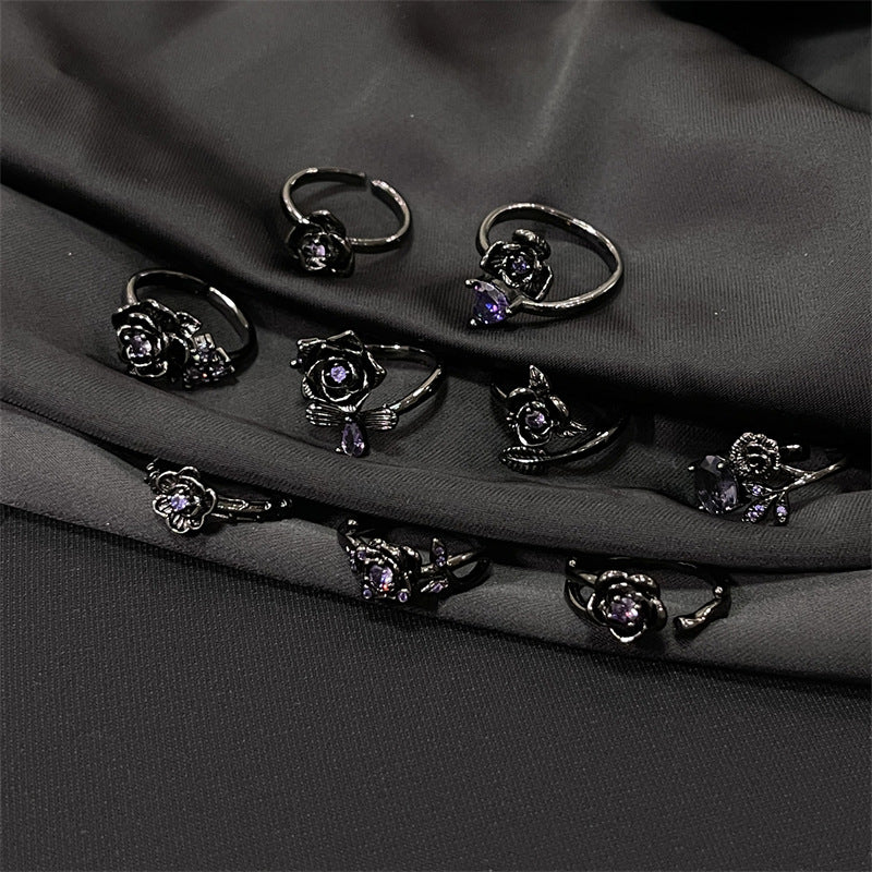 Women's Style Rose Open Design Purple Zircon Rings