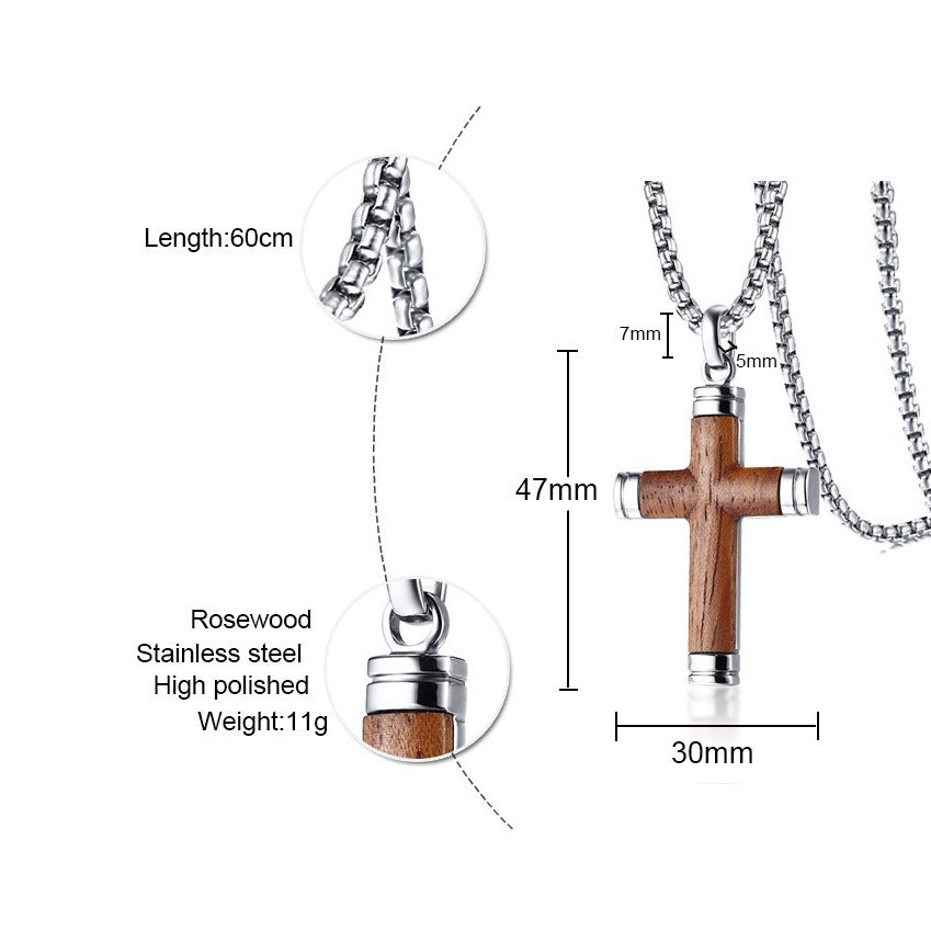 Men's Titanium Steel Pear Flower Wood Cross Necklaces