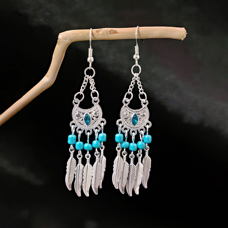 Miao Sier Colorful Long Feather Tassel Rings