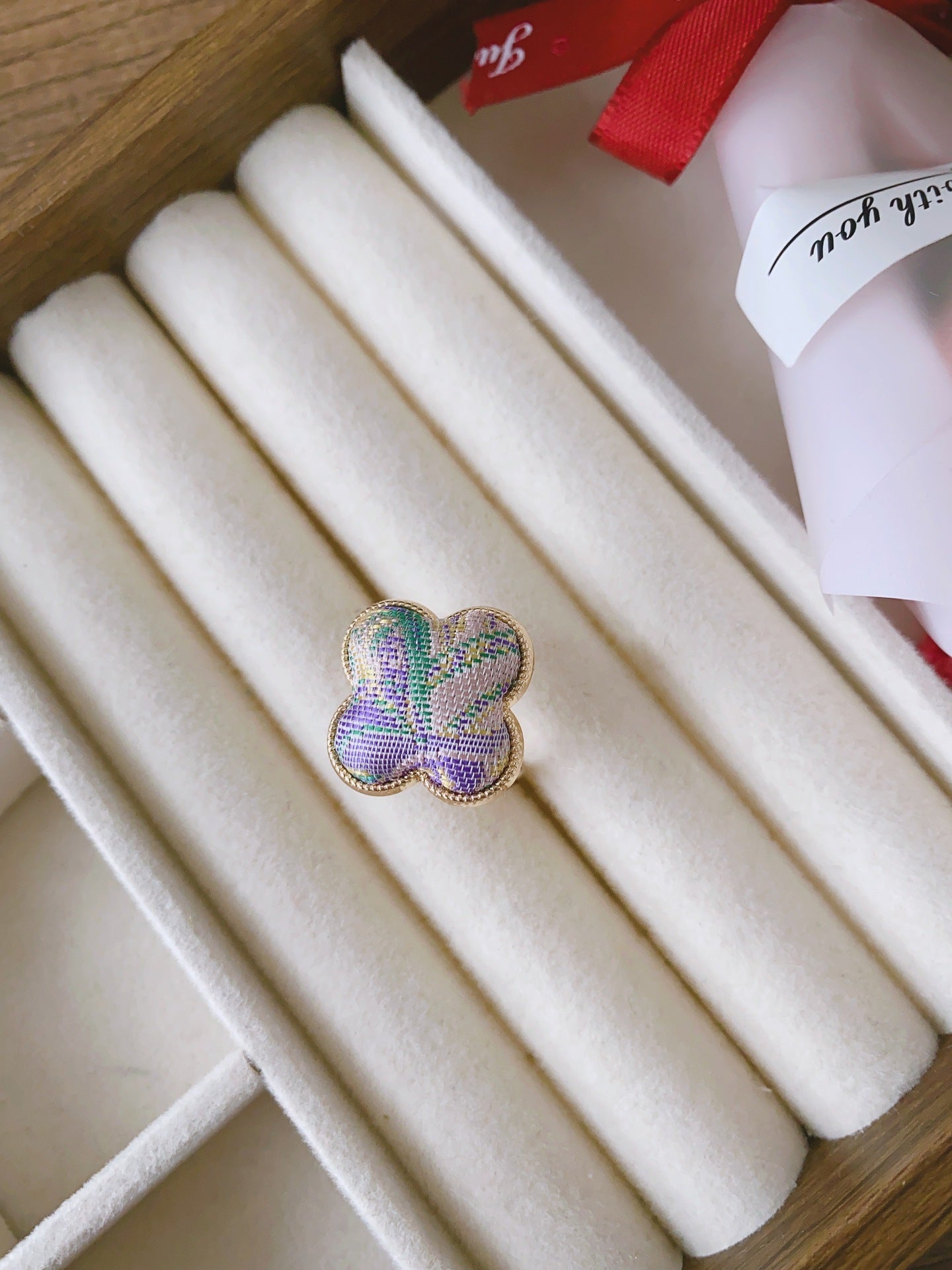 Chinese Style Song Dynasty Brocade Clover Finished National Adjustable Open Ring
