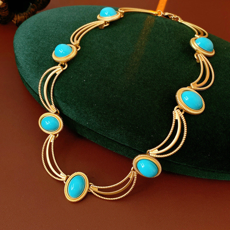 Style Turquoise Blue Diamond Flower Ear Light Luxury Minority Clavicle Necklaces