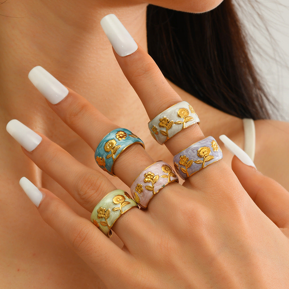 Titanium Steel Rose Oil Dripping Open Retro High-grade Flower Female Ring