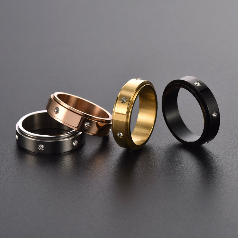 Korean Style Simple Stainless Steel Glossy Diamond Rotatable Male Rings