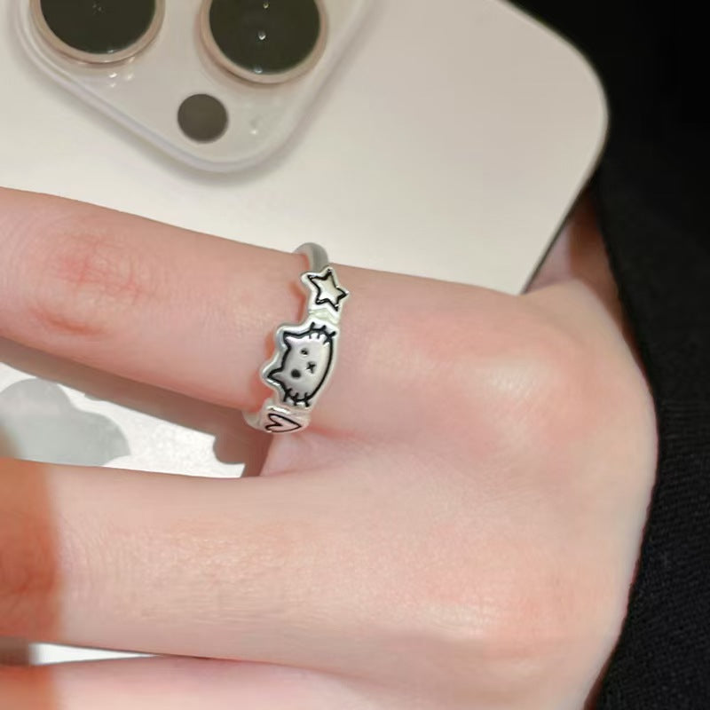 Light Luxury Niche Chinese Enamel Cherry Blossom Cute Cat Ring