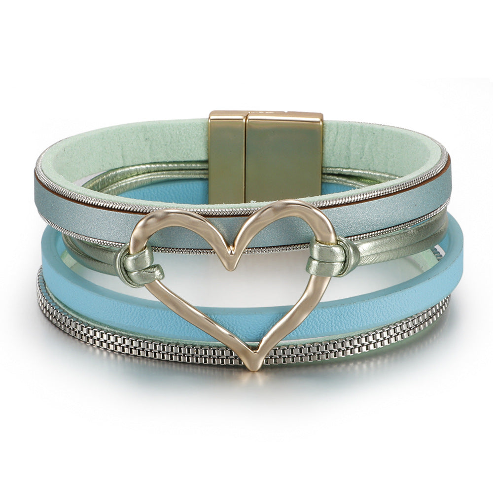 Women's Bohemian Style Leather Heart Fashion Magnetic Bracelet