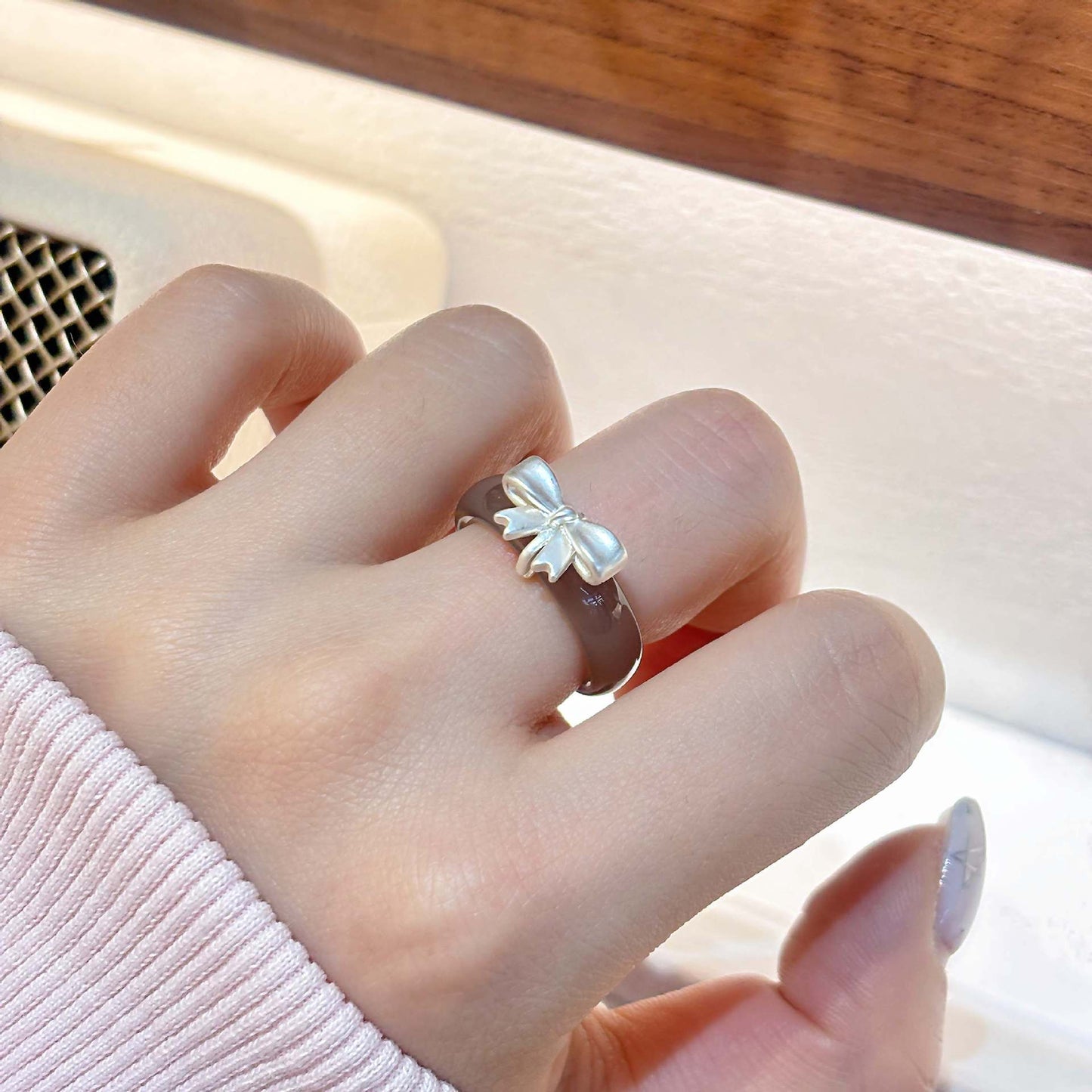 Sweet Sier Bow Chalcedony Female Niche Personality Stylish Ring