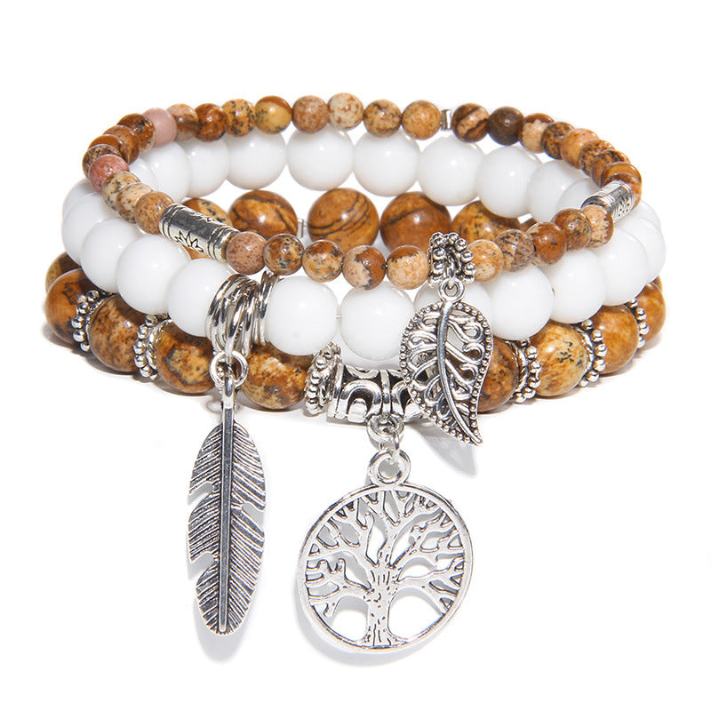 Women's Stone Bead Three-piece Tree Of Life Feather Vintage Bracelets