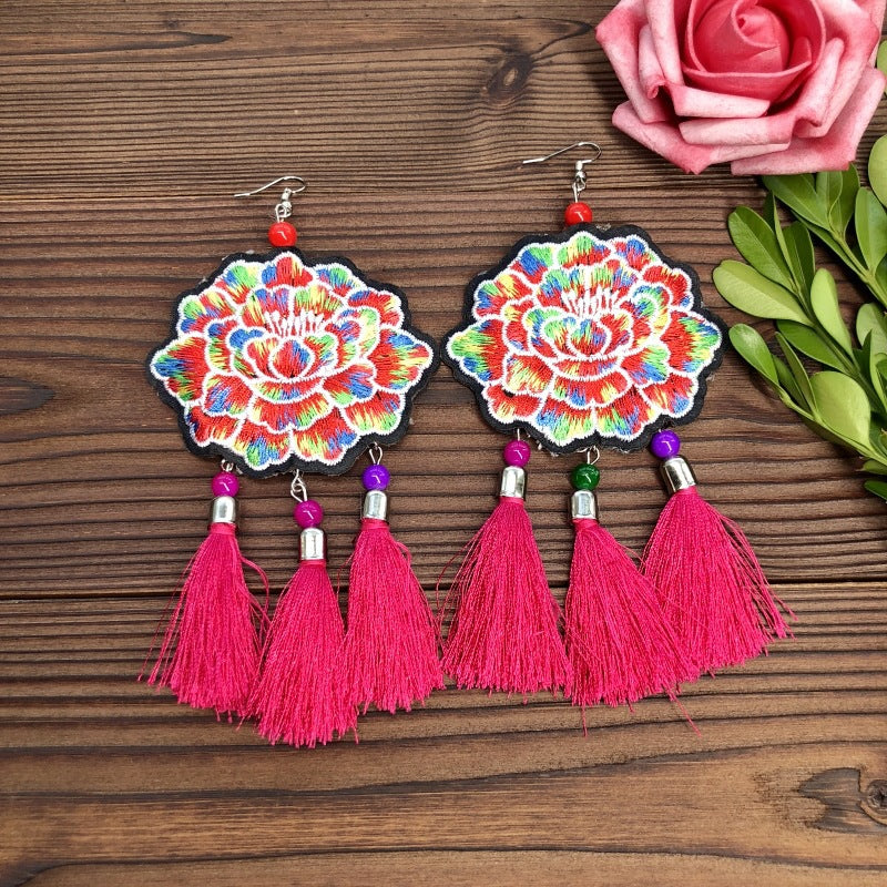 Fabric Yunnan Simple Flower Tassel Female Earrings