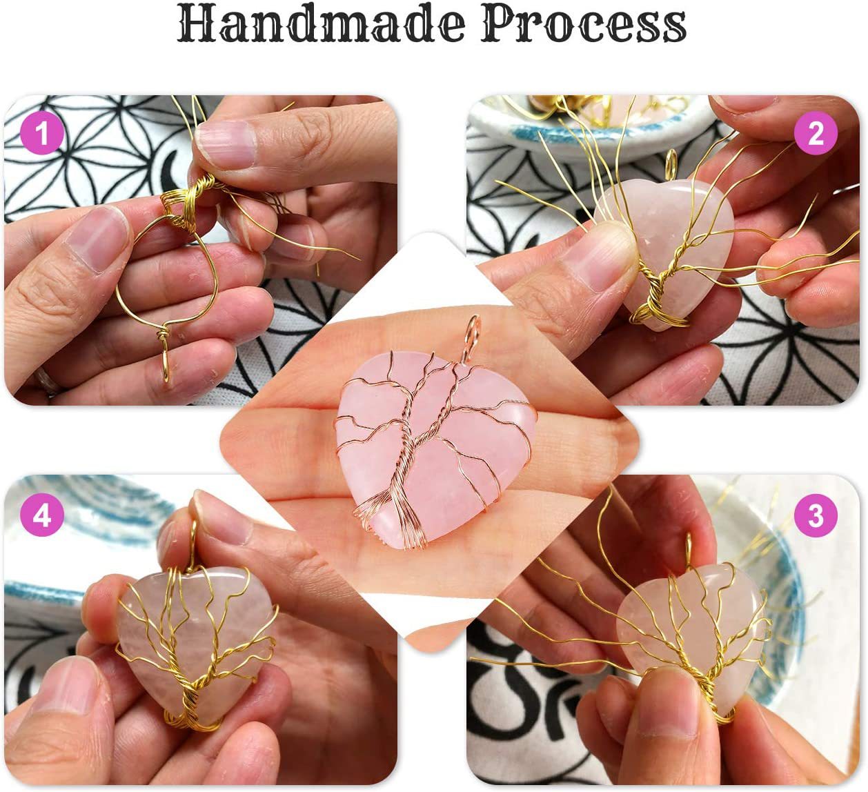 Natural Crystal Stone Heart-shaped Winding Tree Of Life Pendants
