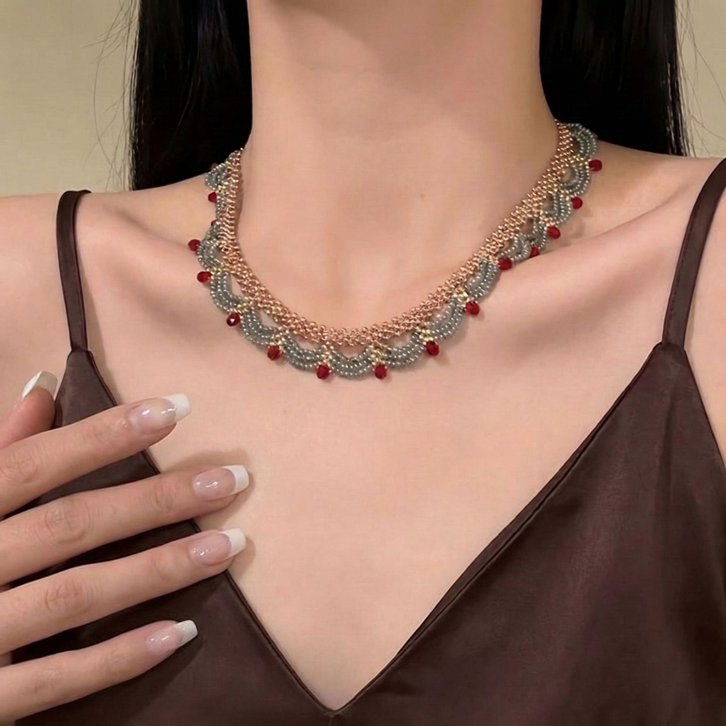 Women's Chinese Lace Red Blue Together Beaded Sense Of National Necklace