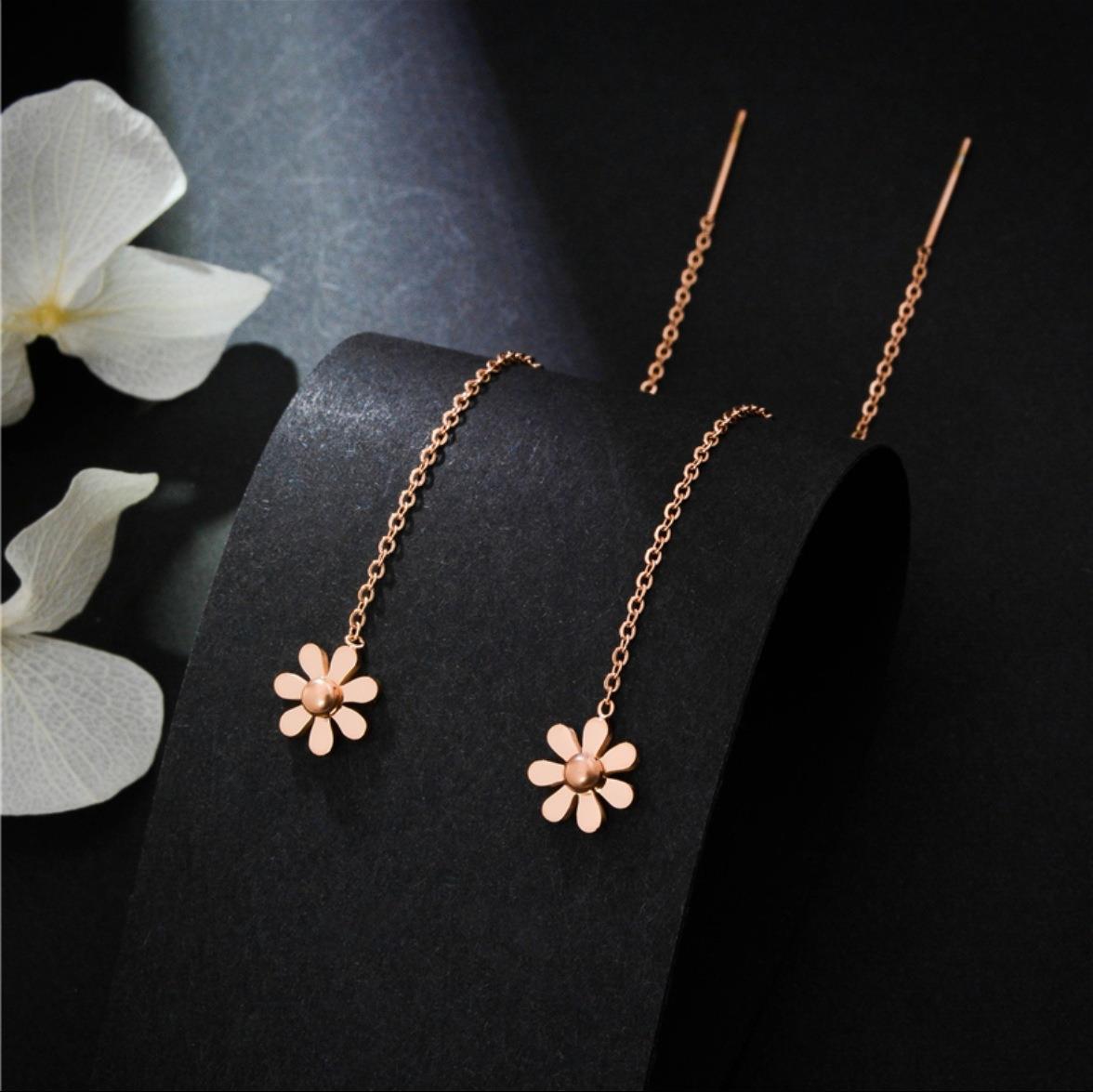 Steel Little Daisy Flower Tassel Hanging Rose Gold Earrings