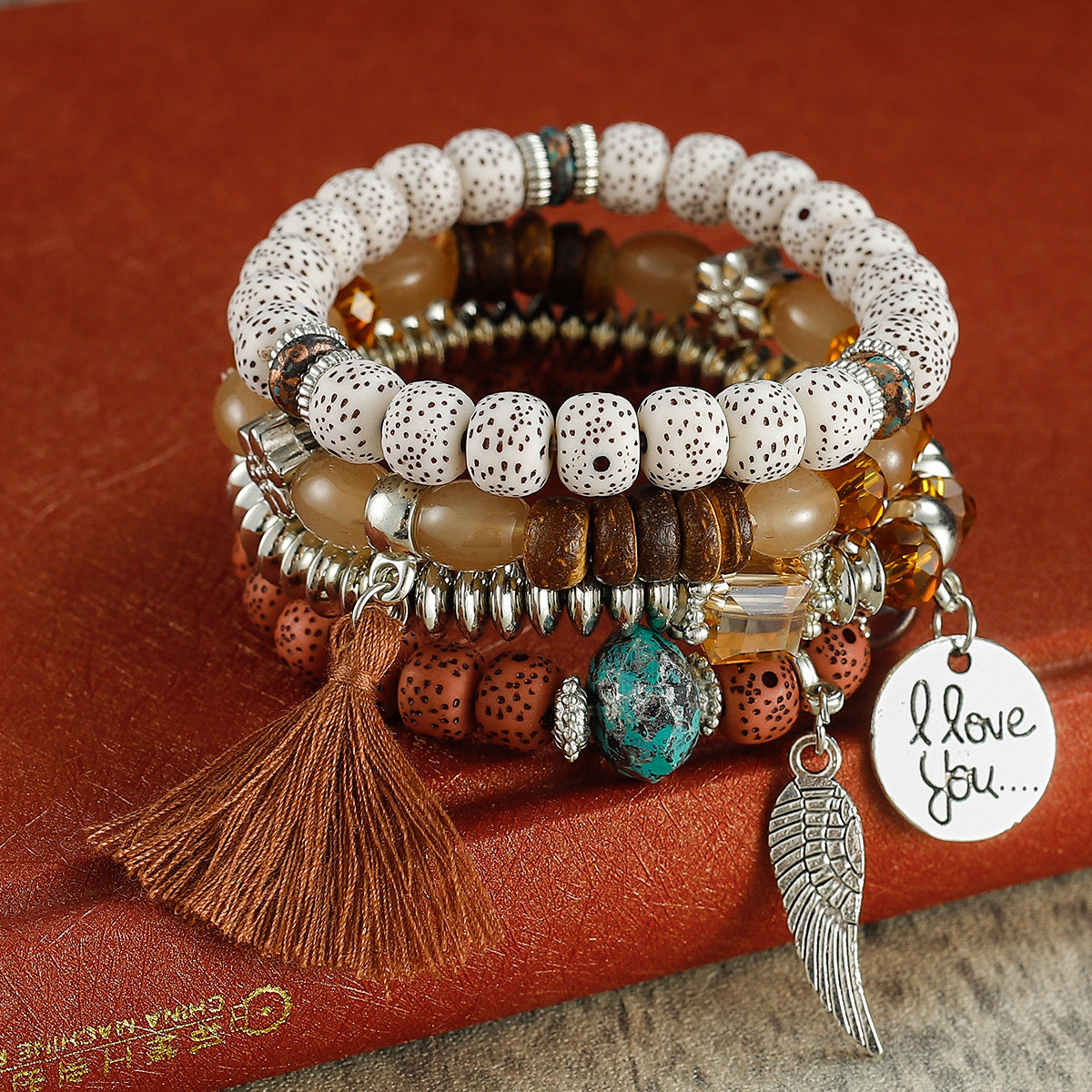 Combination Buddha Beads Simple Disc Heart Wings Tassel Bracelet