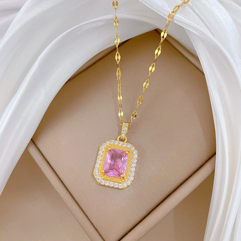 Steel Light Luxury Square Full Rhinestone Zircon Design Versatile Korean Necklaces