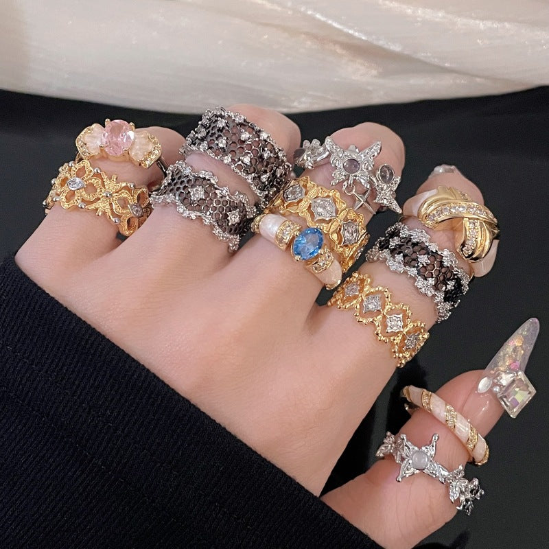 Women's Hollow Lace Trim Open-end Zircon Personalized Retro Style Rings