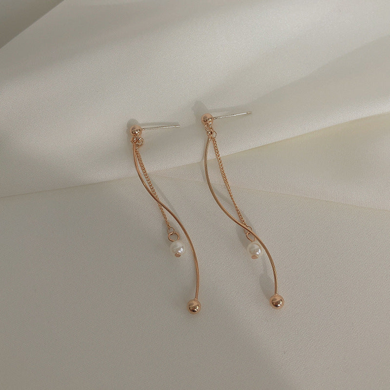 Women's Simple Thin Face Long Fringed Pearl Elegant No Ear Earrings