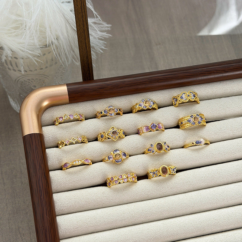 Luxury Retro Flower Auspicious Cloud Purple Enamel Open Niche Twin Rings