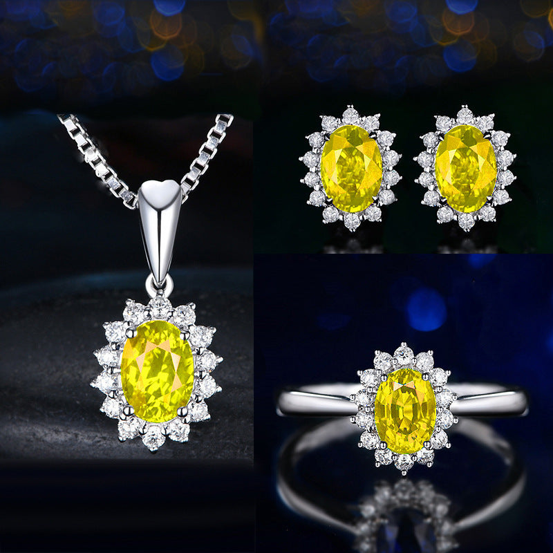Live Broadcast Three-piece Colored Gems Ear Combination Personality Necklaces