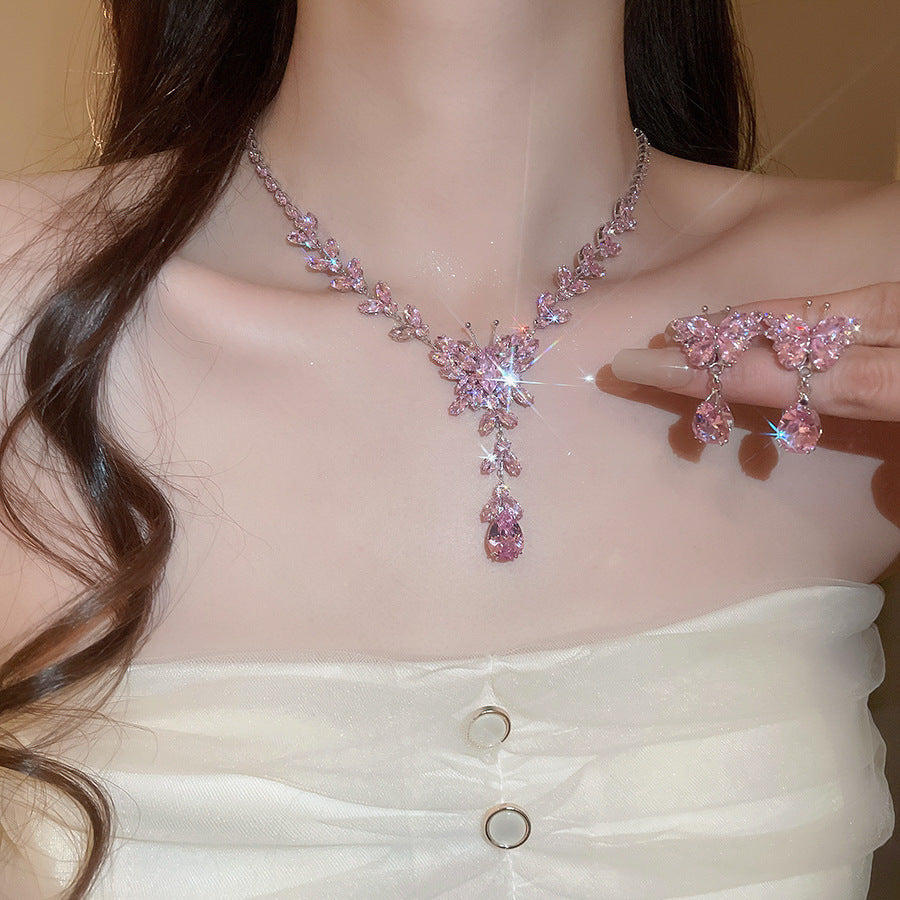 Style Gold Pink Zircon Sweet Elegant Graceful Light Luxury Jewelry Set