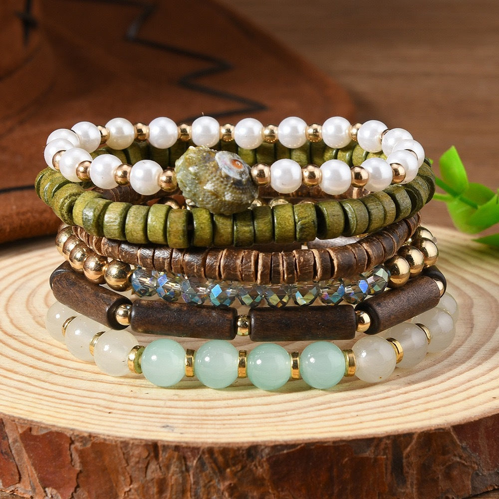 Wooden Bead Leather Rope Twin Ethnic Bracelet