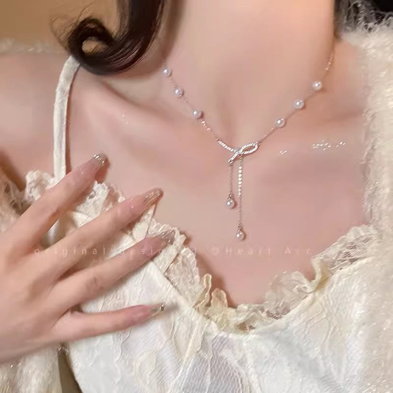 Female Bow Pearl Tassel Clavicle Chain Temperament Necklace