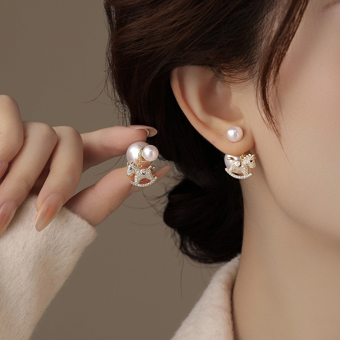 Women's Flocking Pearl Gourd Pony Ear Clip Niche Earrings